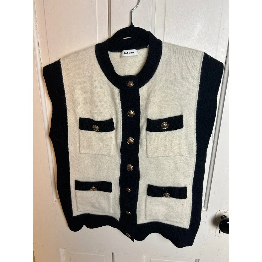 Sandro Lunea Cap Sleeve Wool Cardigan Cream Black Gold Button Vest Size 1 Small